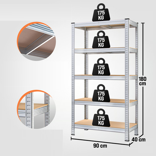 2x METALOWY REGAŁ MAGAZYNOWY DO GARAŻU 5 PÓŁEK 875 KG 180x90x40cm