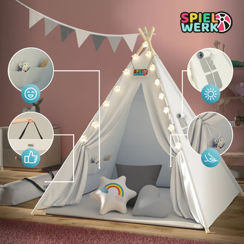 NAMIOT DLA DZIECI TIPI BIAŁY PODUSZKI MATA 120x120x160cm