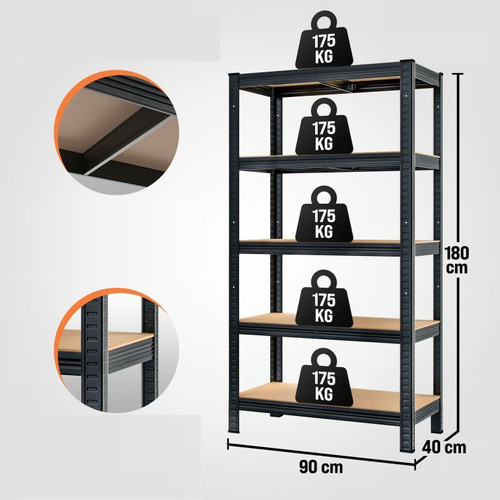 2x METALOWY REGAŁ MAGAZYNOWY DO GARAŻU CZARNY 875kg 180x90x40cm 